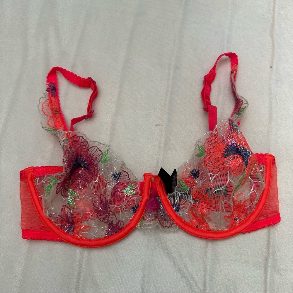 New! For Love and Lemons Shimmer Zinnia Bra neon coral floral 51391 - Picture 6 of 11